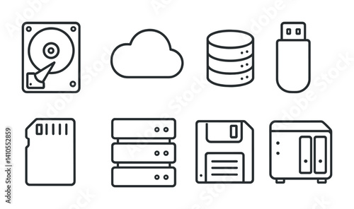 outline vector icons of cloud and backup checks: file synced, cloud status ok, backup verified, restore point ticked, storage check, sync complete, cloud permission, data safe. set of line style