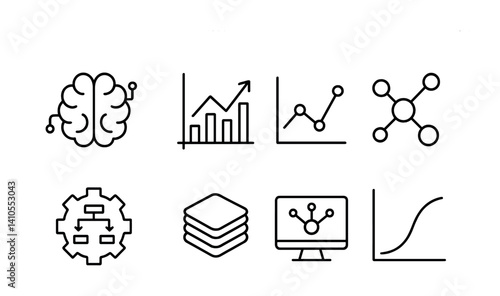 outline vector icons of neuroscience: brain scan, brain circuits, neuron cluster, MRI icon, neurotransmitter icon, lab brain, research icon, data waves. set of line style icons in a modern,