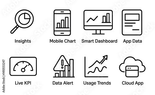 outline vector icons of privacy settings: incognito, data control, block user, cookie settings, app permissions, private browsing, activity log, ad settings.No labels, set of line style icons in a