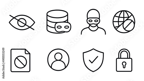 outline vector icons of privacy settings: incognito, data control, block user, cookie settings, app permissions, private browsing, activity log, ad settings.No labels, set of line style icons in a