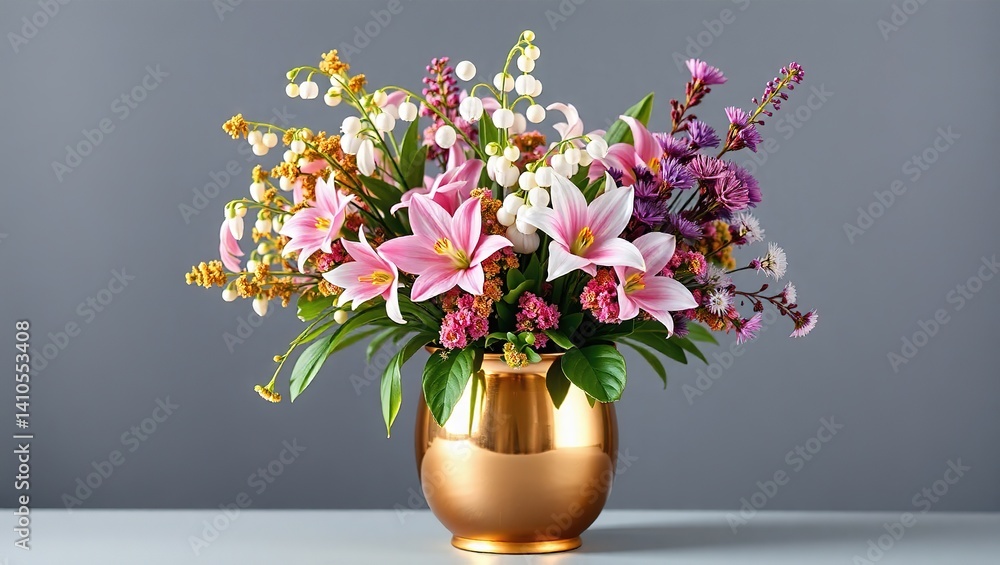 Fototapeta premium Delicate Pink, Teal, and Gold Flowers in a Polished Brass Vase