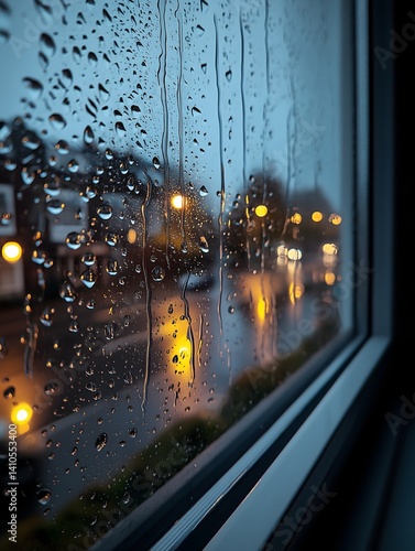 Wet window with raindrops creates a blurred view of street lights in a foggy evening