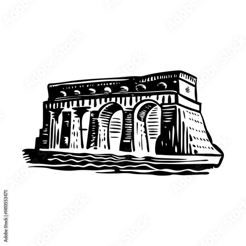 A vintage style illustration of an ancient bridge