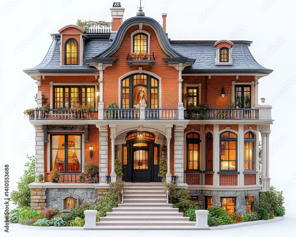 Luxurious Victorian Style Dollhouse with Detailed Architecture Isolated on White Background Luxurious Victorian Style Dollhouse with Detailed Architecture Isolated on White Background