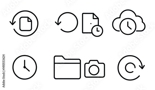 outline vector icons of cloud and backup checks: file synced, cloud status ok, backup verified, restore point ticked, storage check, sync complete, cloud permission, data safe. set of line style