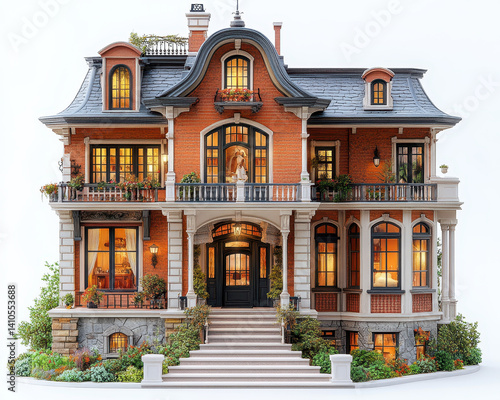 Luxurious Victorian Style Dollhouse with Detailed Architecture Isolated on White Background