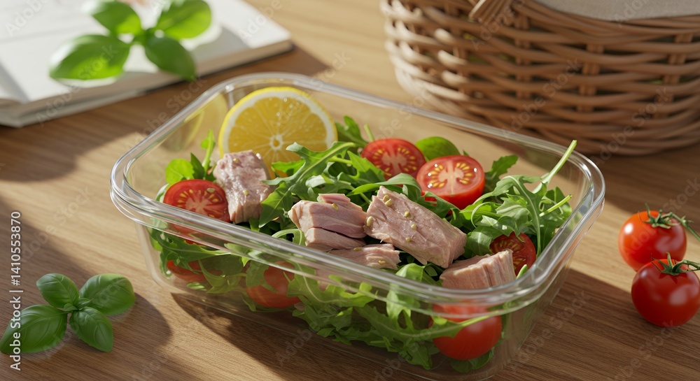 Tuna Salad with Rocket Tomatoes and Lemon in Container Tuna Salad with Rocket Tomatoes and Lemon in Container