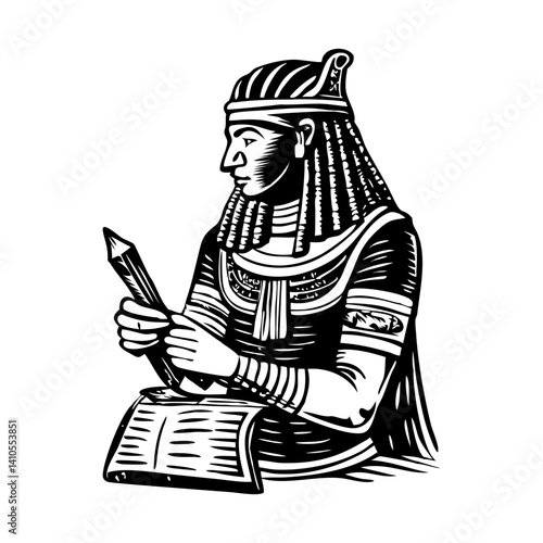 A vintage style illustration of an egyptian scribe