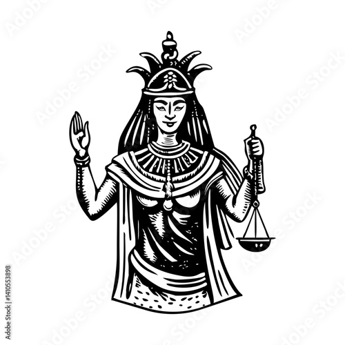 A vintage style illustration of maat goddess