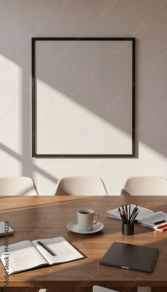 Modern conference table setup with documents in bright light, professionalism Modern conference table setup with documents in bright light, professionalism