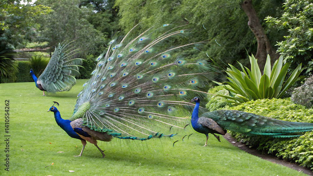 Obraz premium A beautiful shot of a peacock with open tail in the park
