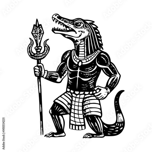 A vintage style illustration of an ancient sobek god