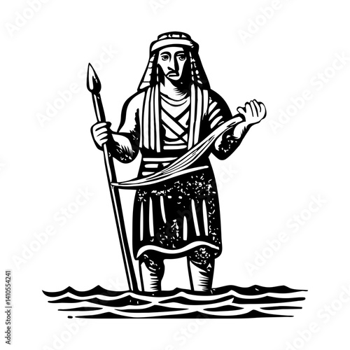 Tribal fisherman holding a fishing spear, vintage style illustration