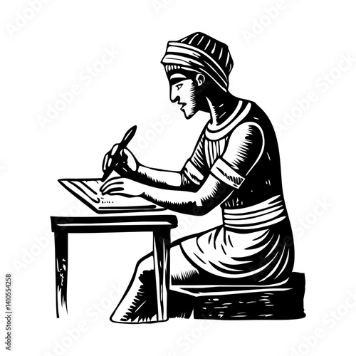 A vintage style illustration of an ancient scribe