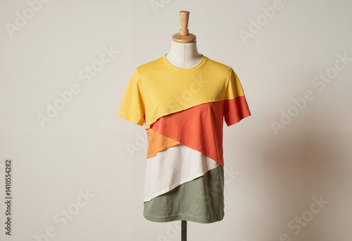 Creative layered t-shirt mockup on wooden mannequin, unique design