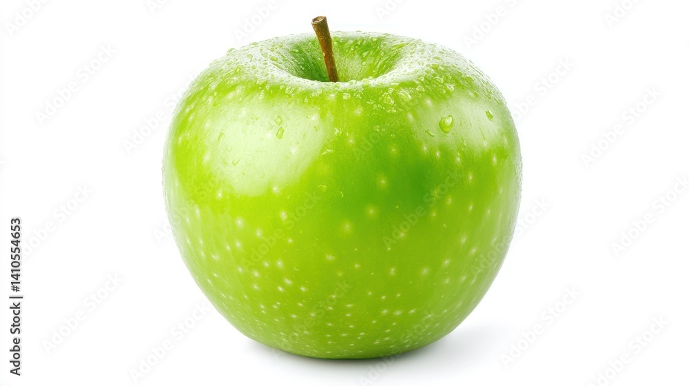 A vibrant green apple with visible water droplets on surface A vibrant green apple with visible water droplets on surface