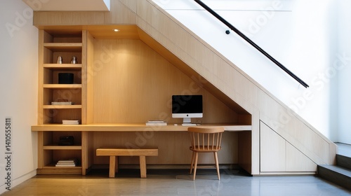 Minimalist workspace built into stairwell recess 