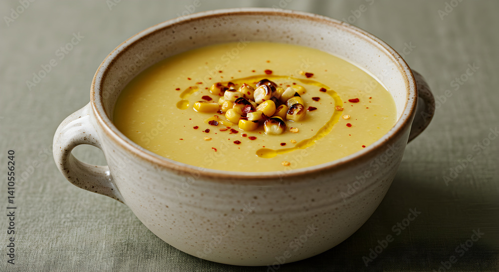 Delicious Corn Soup in Bowl with Toasted Corn and Chili Flakes Delicious Corn Soup in Bowl with Toasted Corn and Chili Flakes