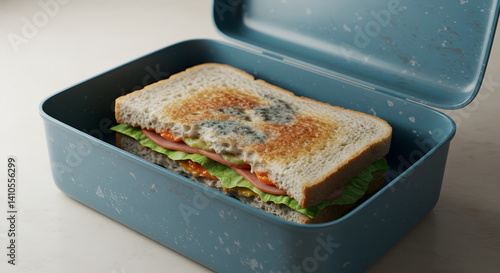 Moldy Sandwich Inside Opened Lunchbox Illustrating Food Spoilage and Improper Food Handling