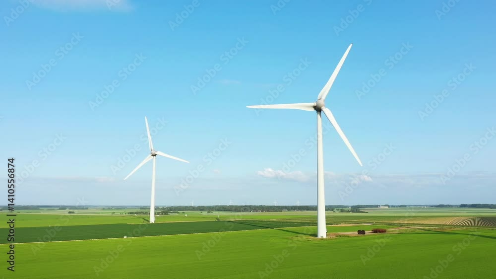 Two Normandy wind turbines pierce the flax and barley fields, in Europe, in France, in Normandy, in Seine Maritime, near Fecamp, in summer, on a sunny day. Two Normandy wind turbines pierce the flax and barley fields, in Europe, in France, in Normandy, in Seine Maritime, near Fecamp, in summer, on a sunny day.