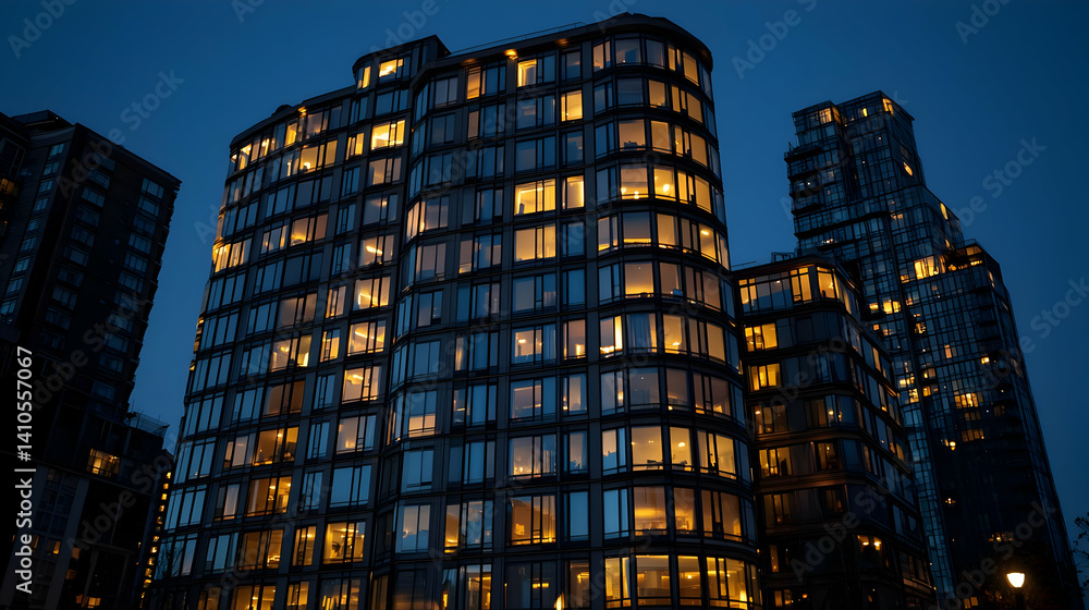 Obraz premium Modern Skyscrapers Illuminated at Night
