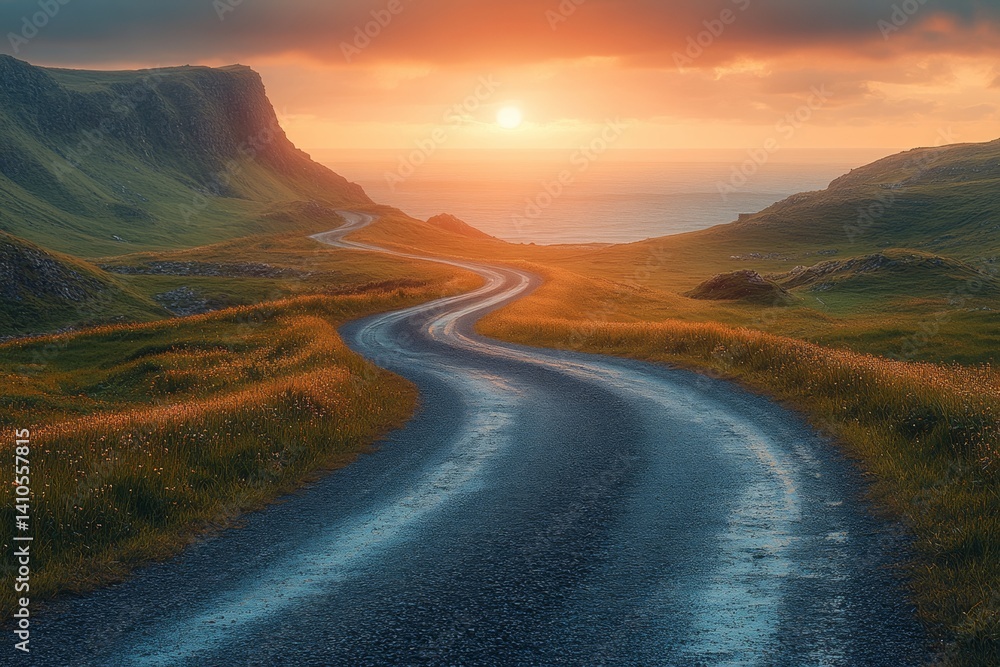 Fototapeta premium Winding scenic road at sunset coastal landscape photography serene wide angle view nature's beauty