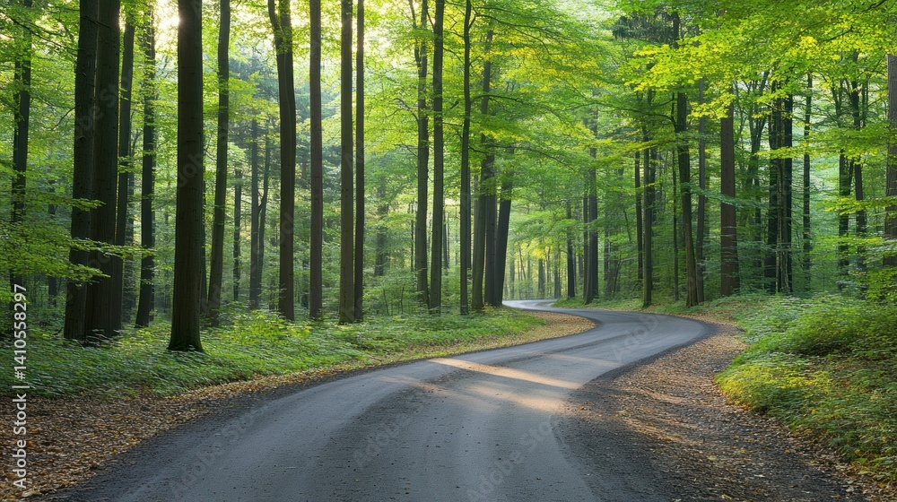 Obraz premium A winding paved road through a lush green forest environment