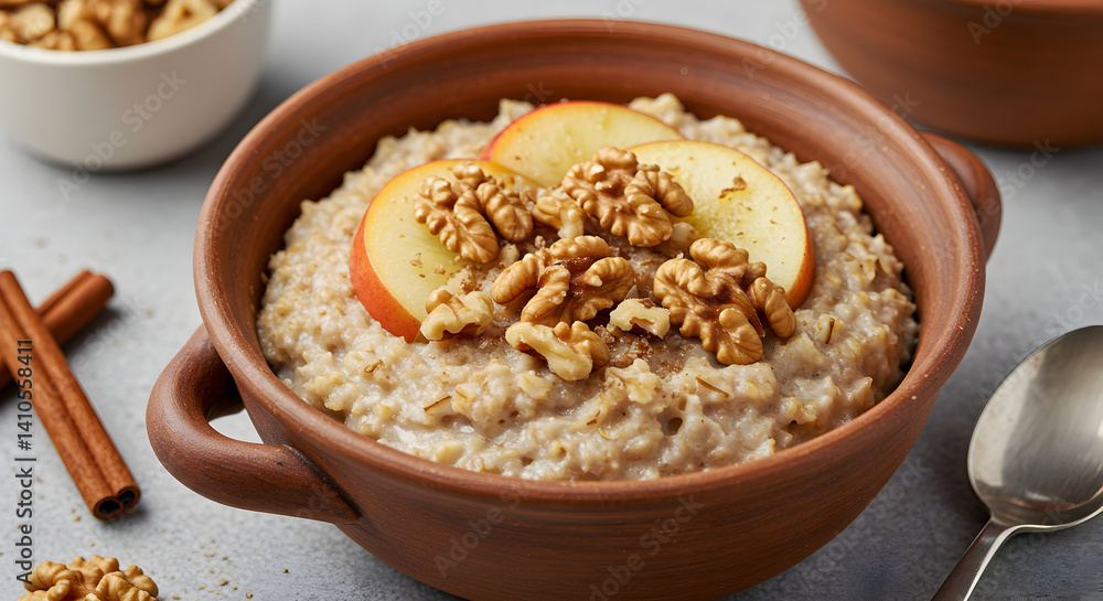 Healthy Oatmeal Bowl With Apple Slices And Walnuts For Breakfast Healthy Oatmeal Bowl With Apple Slices And Walnuts For Breakfast
