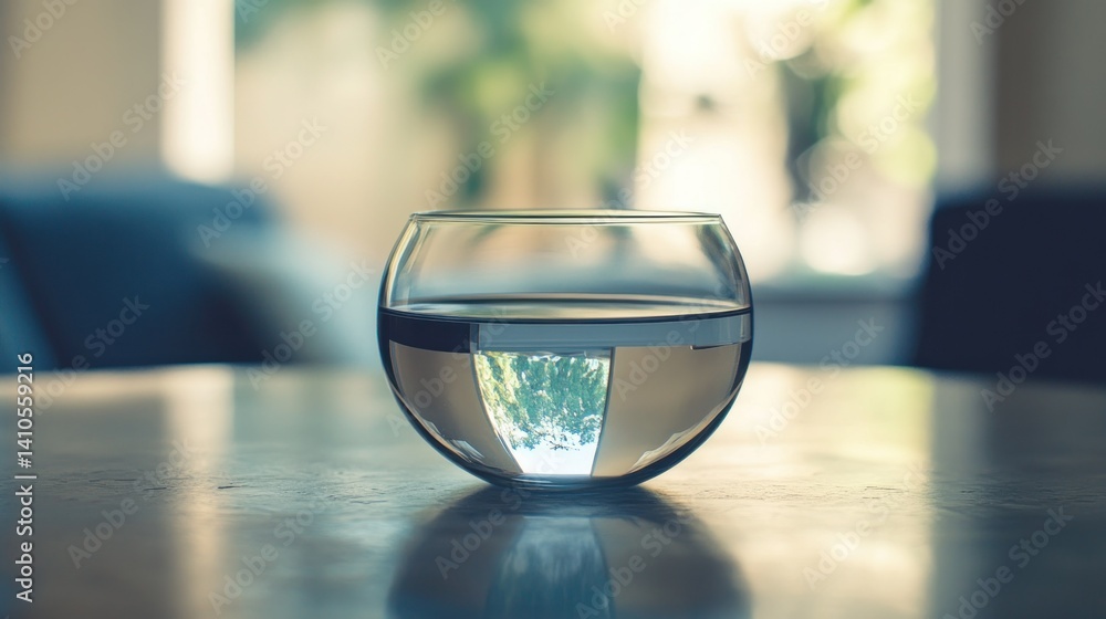 A clear glass bowl is placed on top of a wooden surface A clear glass bowl is placed on top of a wooden surface