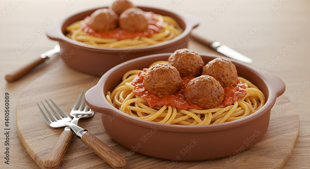 Elegant Presentation Of Italian Spaghetti with Meatballs and Rustic Setting Elegant Presentation Of Italian Spaghetti with Meatballs and Rustic Setting
