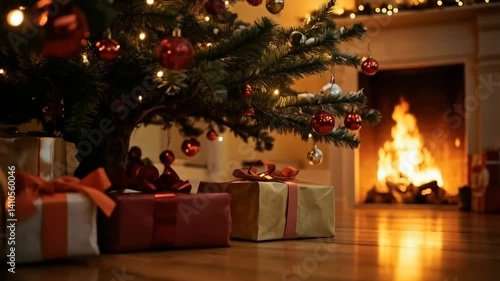  Vertical UHD Cozy Christmas Room with Tree and Fireplace Glow