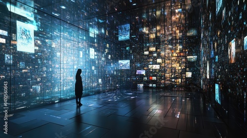 Wallpaper Mural A room filled with holographic screens, each displaying different pieces of knowledge, symbolizing infinite wisdom. Torontodigital.ca