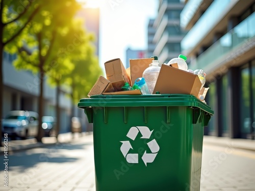 Recycling Bin Overflowing on City Street

