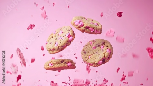 Pink cookies in mid-air, surrounded by crushed candy.