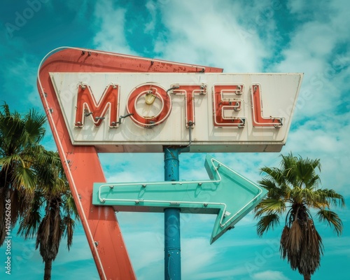 Vintage Motel Sign with Palm Trees and Blue Sky
