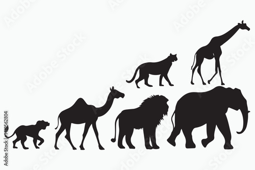 A silhouette of african and asian animal.