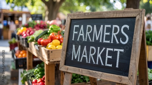 Farmers Market Sign with Fresh Produce Display