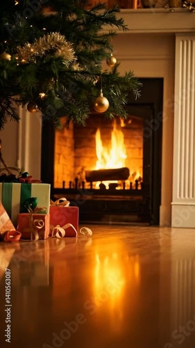  Vertical UHD Cozy Christmas Room with Tree and Fireplace Glow
