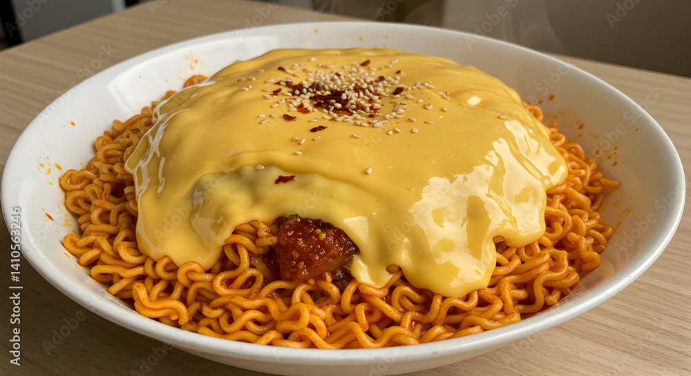 Delicious Noodles Covered With melted Cheese Topped Sesame Seeds In White Bowl Delicious Noodles Covered With melted Cheese Topped Sesame Seeds In White Bowl