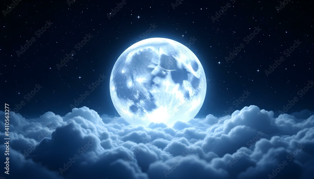 Fototapeta premium A luminous full moon surrounded by clouds with stars sparkling in the night sky.