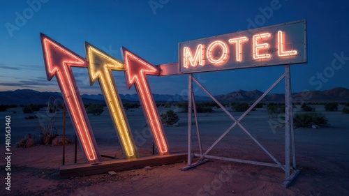 Vintage Motel Sign with Glowing Arrows at Dusk