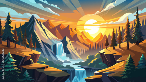 The golden sunrise spills over snow-capped peaks, lighting the valley below.
Mist floats gently between pine trees and rocky cliffs.
