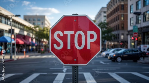 Stop Sign on City Street with Blurred Background