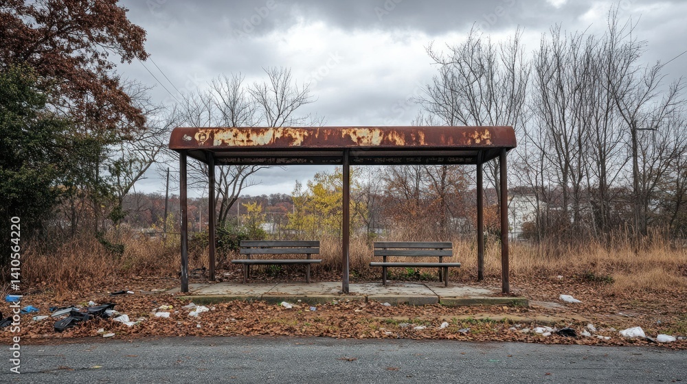 Obraz premium An abandoned bus stop shelter with rusty roof and benches