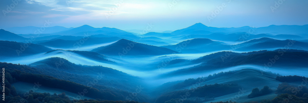 Majestic fog rolls over rolling hills at dawn in a serene mountainous landscape Majestic fog rolls over rolling hills at dawn in a serene mountainous landscape