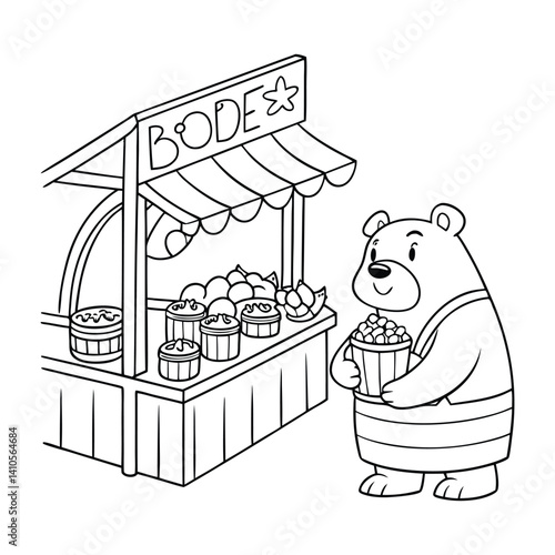 Friendly Bear Holding Honey at a Market Stall with Apples in a Barrel