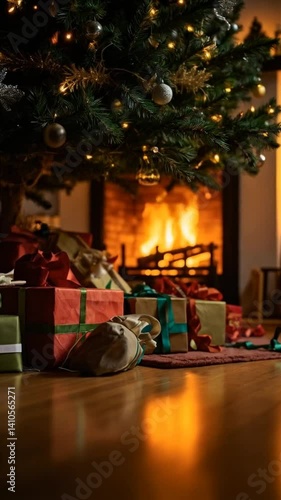  Vertical UHD Cozy Christmas Room with Tree and Fireplace Glow