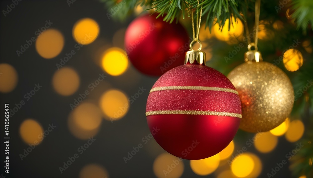 Vibrant christmas tree ornaments in red and gold with a beautiful blurred lights background. Vibrant christmas tree ornaments in red and gold with a beautiful blurred lights background.
