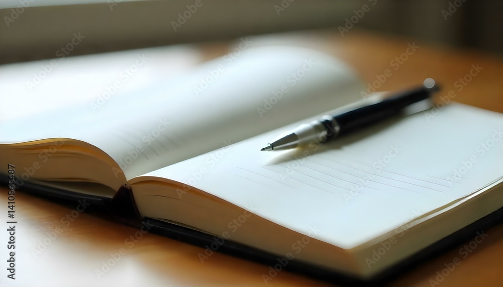 An open notebook with a pen resting on its pages, ready for note-taking or writing. An open notebook with a pen resting on its pages, ready for note-taking or writing.