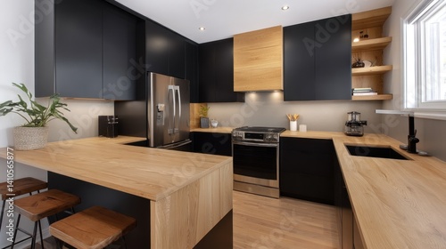 Obraz na płótnie Modern black and oak contrast cabinetry in small kitchen w salonie